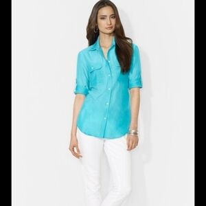 Lauren Ralph Lauren Women's Cotton Silk Turquoise Roll-up Sleeves Size 1X Shirt
